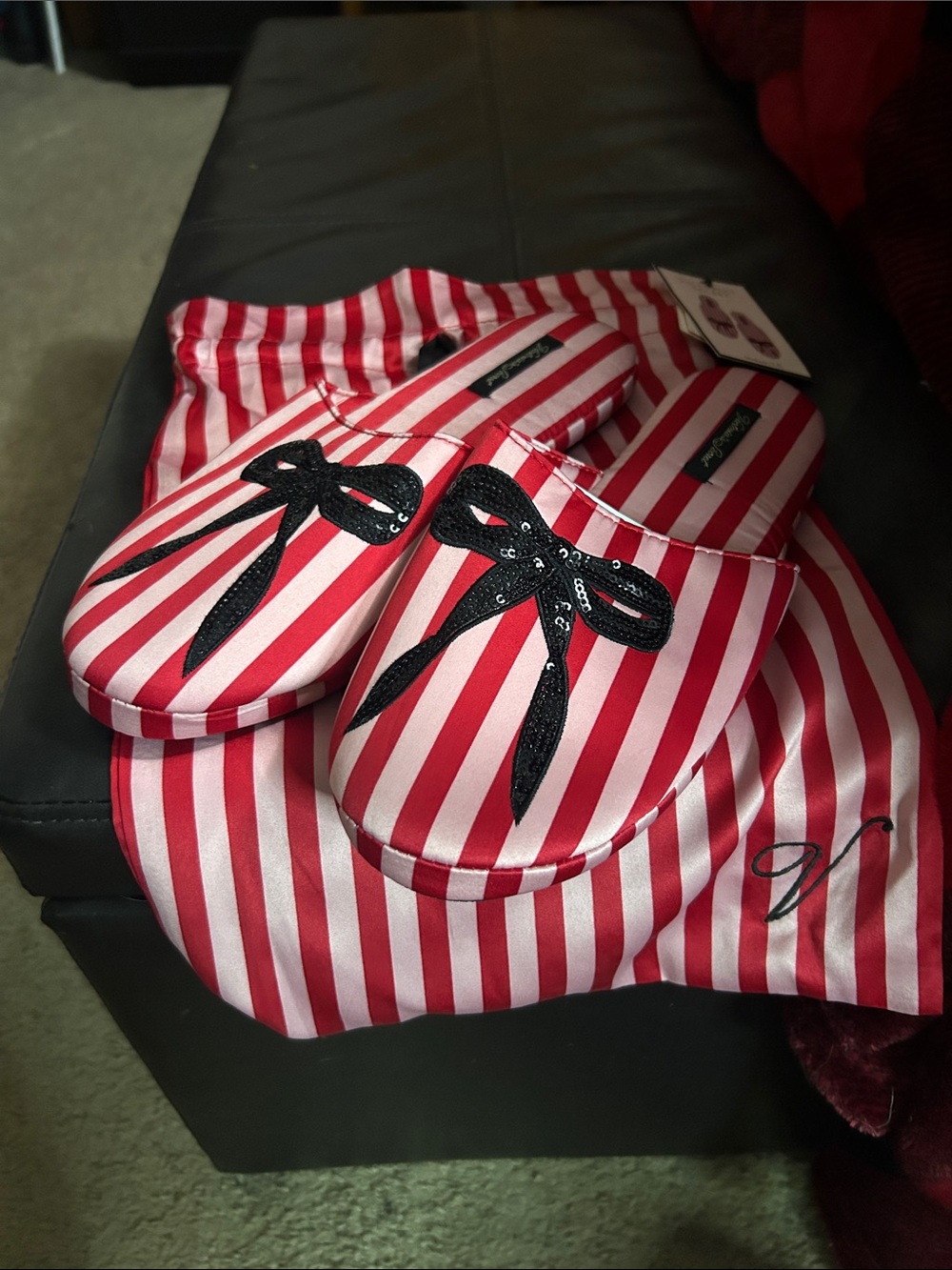 Victoria’s Secret Striped Satin Slippers with Black Bow Detail